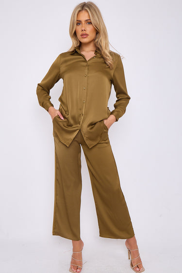 Love Sunshine Olive Crepe Satin Co-ord Shirt and Trousers Set auto-20 Co ord sets LS-5002 LS-9057
