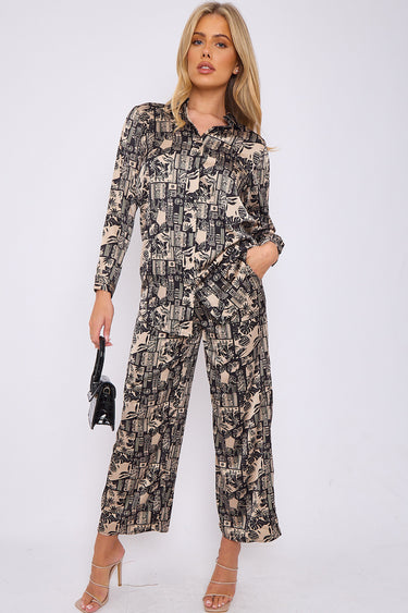 Love Sunshine Beige and Black Graphic Print Co-ord Shirt and Trousers Set auto-20 Co ord sets LS-5002 LS-9057