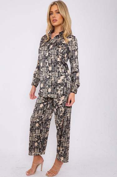 Love Sunshine Beige and Black Graphic Print Co-ord Shirt and Trousers Set auto-20 Co ord sets LS-5002 LS-9057