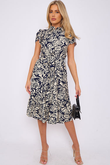 Dark Navy Floral Printed Frilled Hem Midi Dress