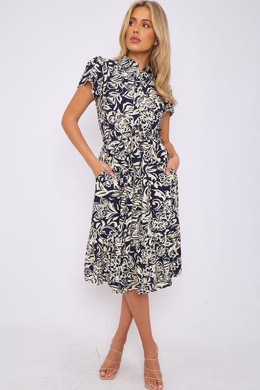 Dark Navy Floral Printed Frilled Hem Midi Dress