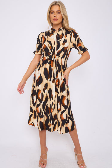 Love Sunshine Brown Leopard Print Short Sleeve Knot Waist Midi Dress auto-20 Brunch Dress Casual Dress Dresses Everyday Dress Garden Party Dress Going Out Dress Holiday Dress LS-2405 Short Sleeve Dress Summer Dress Tea Dress