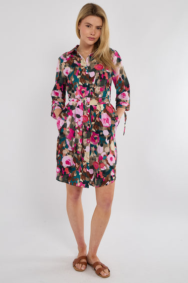 Emerald Rose Print Half Sleeve Mini Shirt Dress
