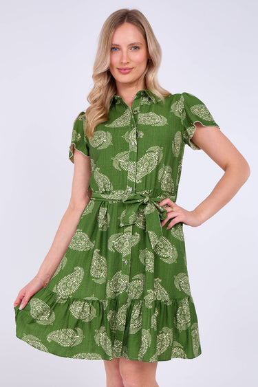 Green Paisley Print Short Sleeve Mini Dress