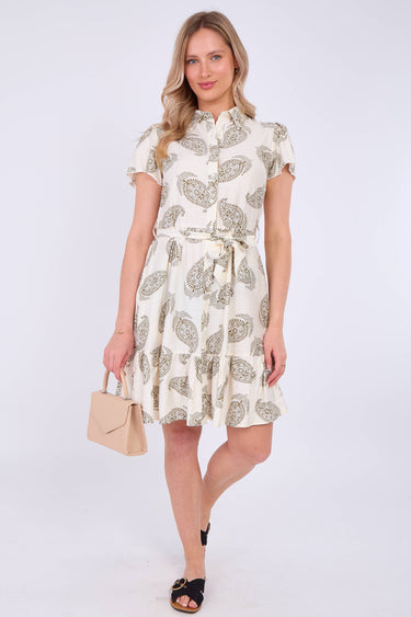 White Paisley Print Short Sleeve Mini Dress