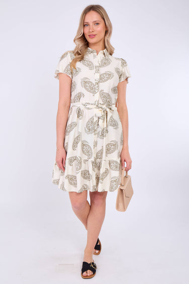 White Paisley Print Short Sleeve Mini Dress