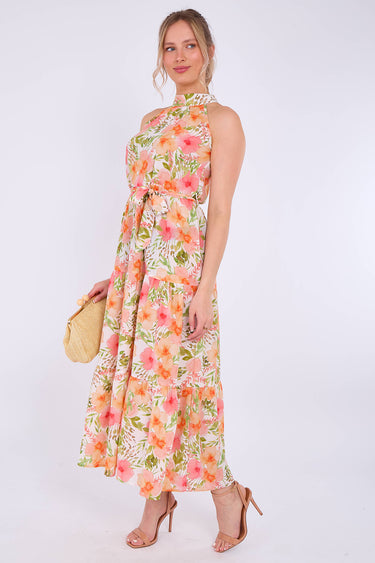 Orange Floral Print Halter Neck Maxi Dress