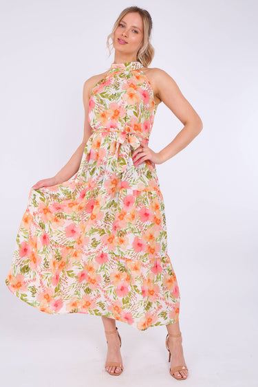 Orange Floral Print Halter Neck Maxi Dress