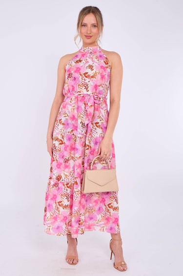Pink Floral Print Halter Neck Maxi Dress