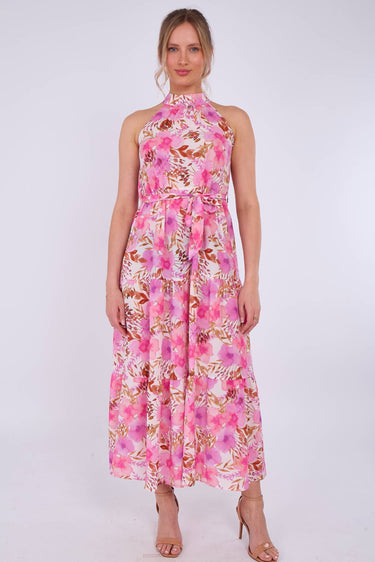 Pink Floral Print Halter Neck Maxi Dress