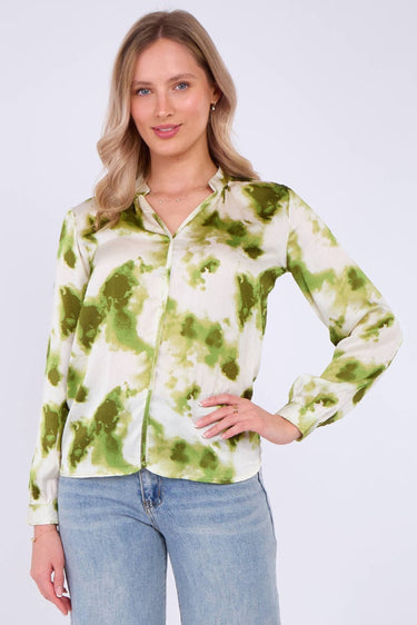 Green Watercolour Print Satin Blouse