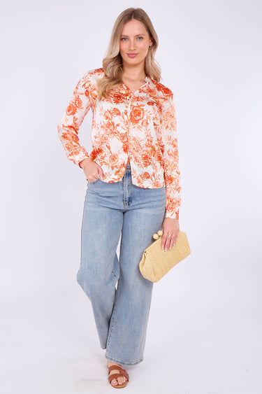 Orange Floral Print Satin Blouse
