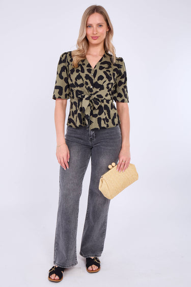 Khaki Leopard Print Short Sleeve Knotted Top