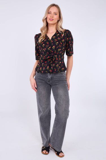 Black Floral Print Short Sleeve Knotted Top