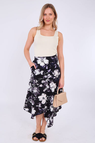 Black Floral Printed Asymmetric Hem Skirt