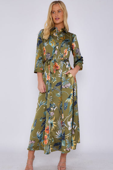 Khaki Botanical Print Satin Maxi Shirt Dress