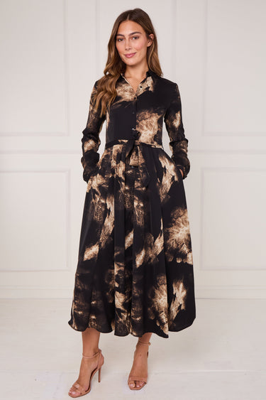 Black and Gold Tie Dye Print Maxi Shirt Dress