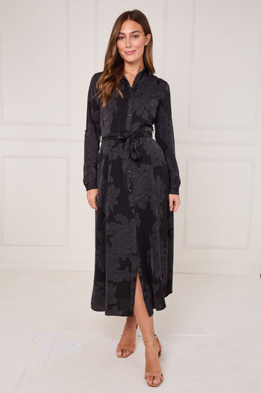 Black Tonal Rose Print Maxi Shirt Dress