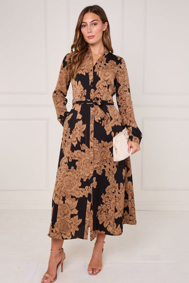 Black and Camel Rose Print Maxi Shirt Dress