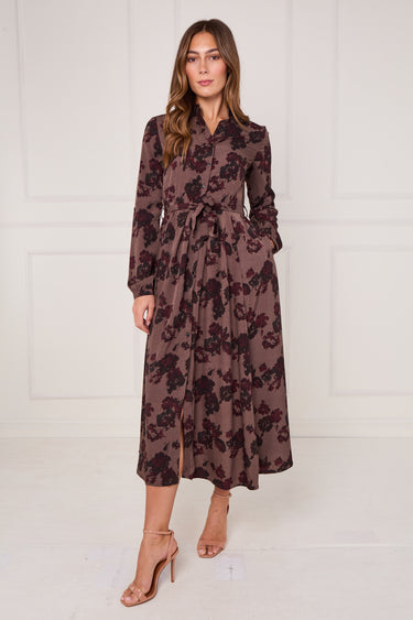 Mocha Burgundy Ink Floral Maxi Shirt Dress