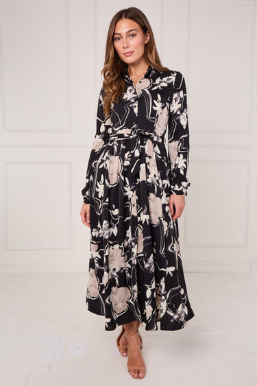 Black and Stone Abstract Floral Print Maxi Shirt Dress