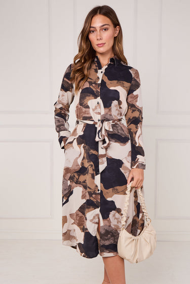 Earthtone Abstract Flow Print Midi Shirt Dress