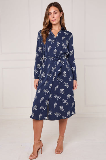 Navy Stitched Leaf Print Midi Shirt Dress