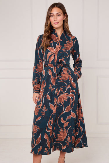 Teal and Chestnut Floral Print Maxi Shirt Dress