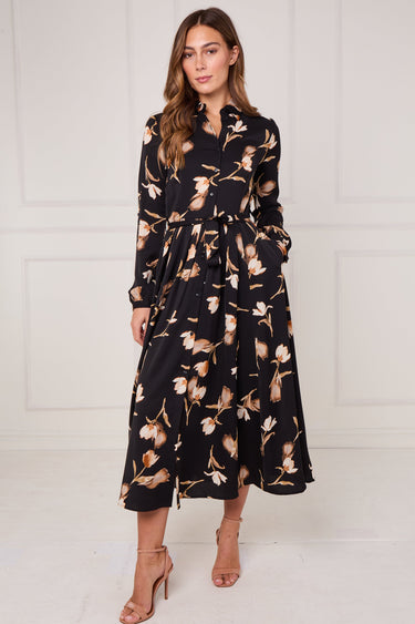 Black Soft Bloom Print Midaxi Shirt Dress