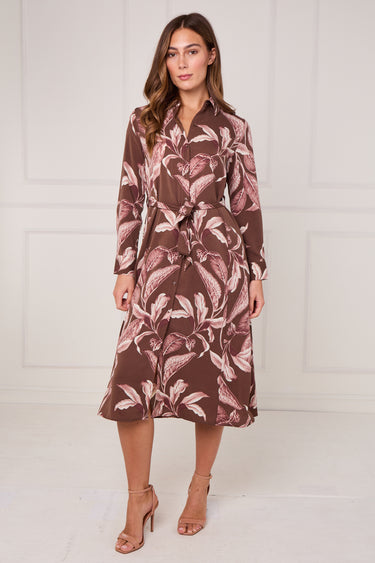 Brown and Pink Botanical Floral Print Midi Shirt Dress
