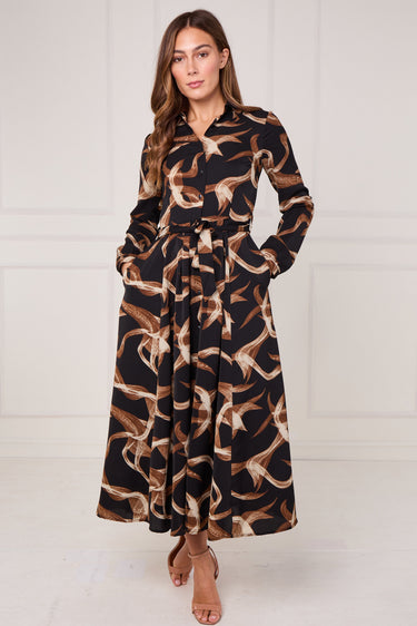 Black and Caramel Swirl Print Maxi Shirt Dress