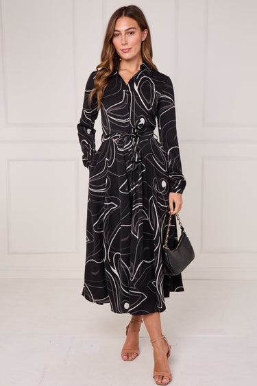Black and Ivory Contour Print Maxi Shirt Dress