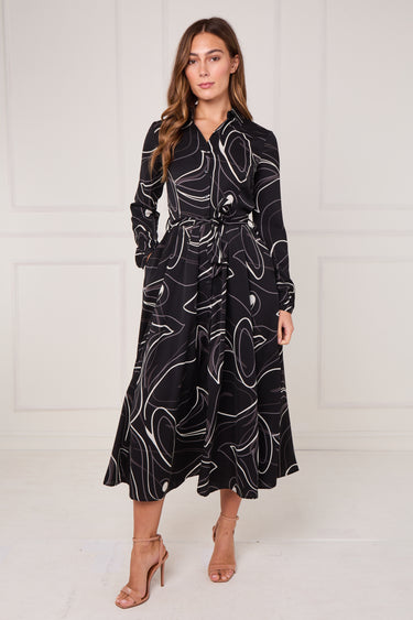Black and Ivory Contour Print Maxi Shirt Dress