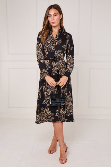 Black and Gold Vintage Rose Print Midi Shirt Dress