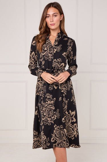Black and Gold Vintage Rose Print Midi Shirt Dress