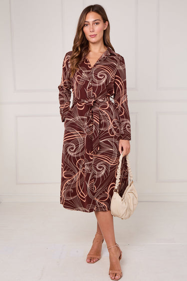 Chocolate Abstract Swirl Print Midi Shirt Dress