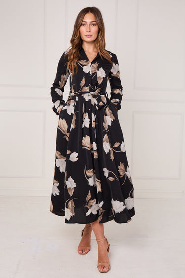 Black and Taupe Magnolia Print Maxi Shirt Dress
