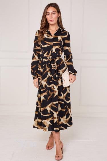 Black and Gold Swirl Print Maxi Shirt Dress