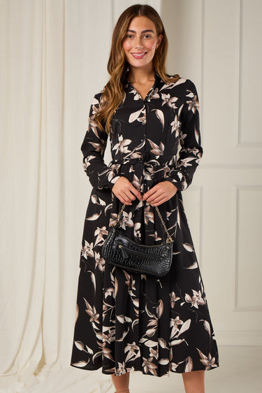 Black and Taupe Orchid Print Maxi Shirt Dress