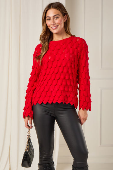 Love Sunshine Red Scallop Textured Knit Jumper auto-20 Tops
