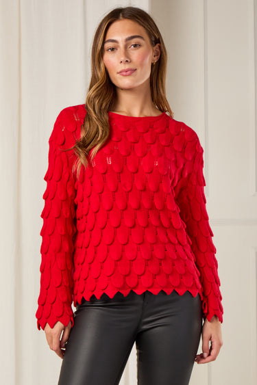 Love Sunshine Red Scallop Textured Knit Jumper auto-20 Tops
