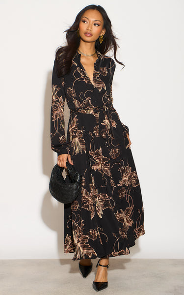 Black Floral Print Midaxi Shirt Dress