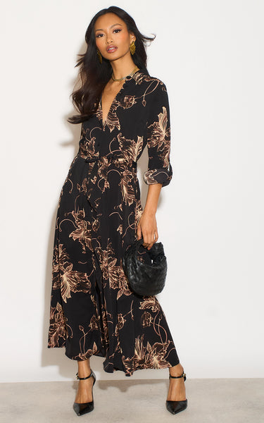 Black Floral Print Midaxi Shirt Dress