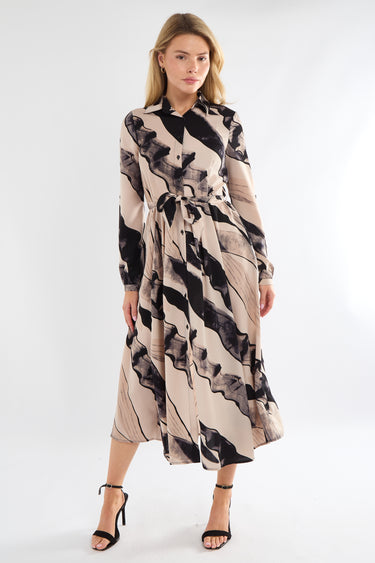 Black and Beige Abstract Print Midaxi Shirt Dress