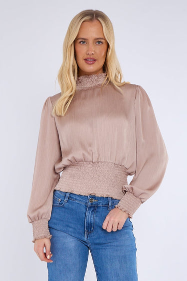 Love Sunshine Champagne Creased Satin Shirred Waist Cropped Top auto-20 Brunch Casual Everyday Garden Party LS-9088 Tops Workwear