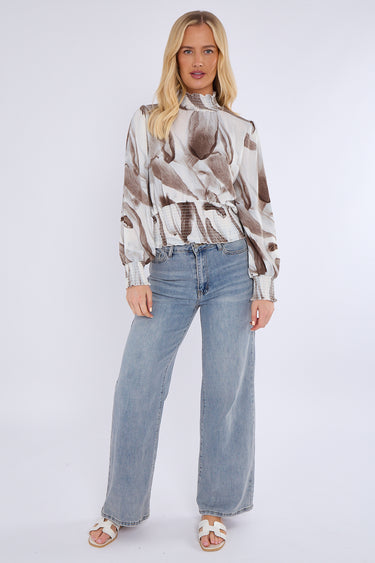 Love Sunshine Grey Abstract Print Shirred Waist Cropped Top auto-20 Brunch Casual Everyday Garden Party LS-9088 Tops Workwear