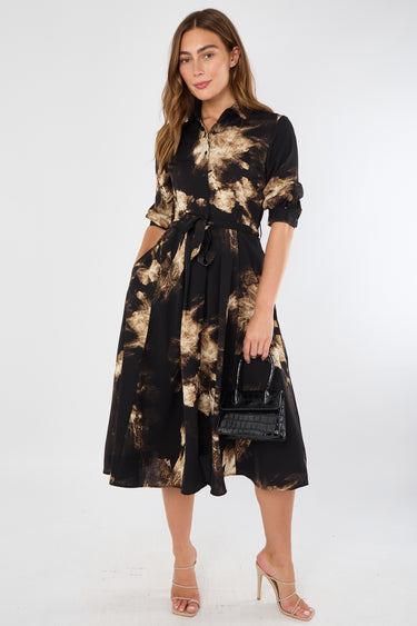 Black and Caramel Tie-Dye Effect Midi Shirt Dress
