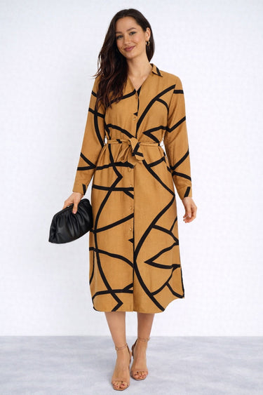 Mustard Abstract Line Print Belted Shirt Dress
