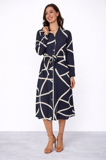 Navy Abstract Line Print Belted Shirt Dress