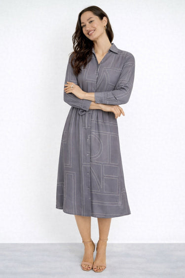 Grey Modern Line Print Belted Shirt Dress